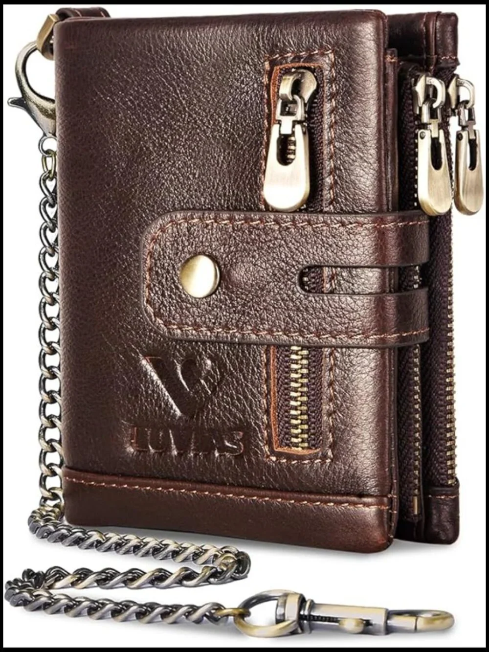 Mens Anti-Theft Chain Wallet Genuine Leather RFID Bifold Wallet with ID Window